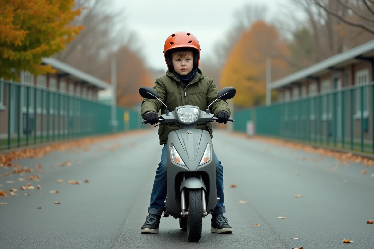 Jeune adolescent en casque de sécurité assis sur un scooter 50cc lors d'une formation BSR dans un parking de collège