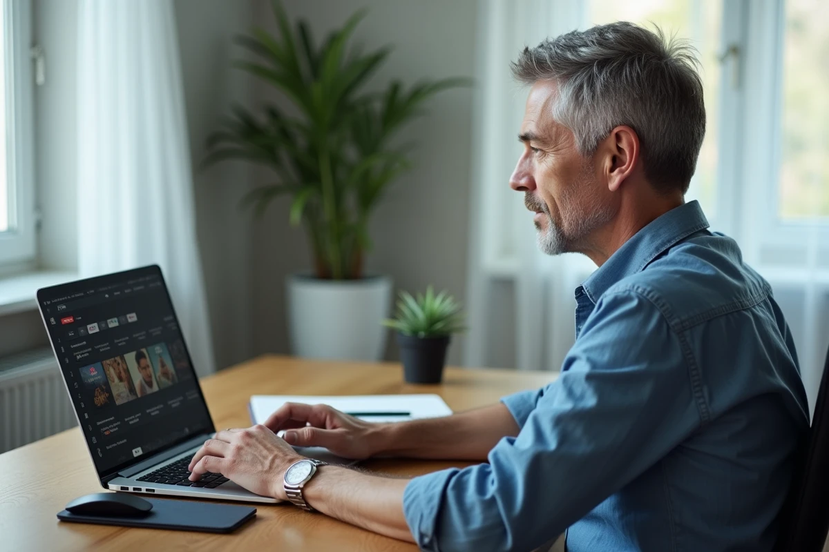 Homme d'âge mûr utilisant un ordinateur portable pour accéder à un service de vidéo à la demande depuis son bureau à domicile