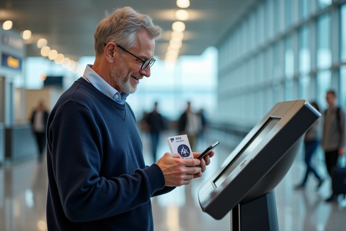Homme vérifiant son smartphone à la borne d