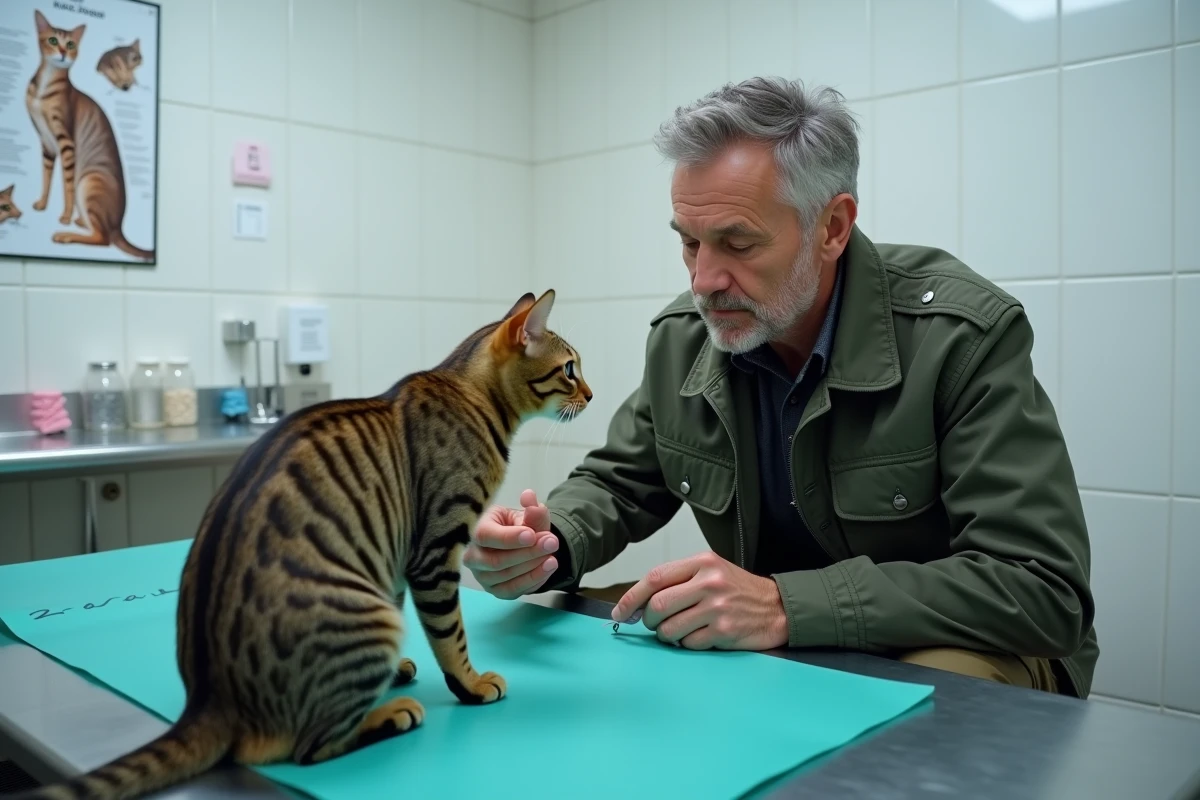 Homme adulte donnant une friandise à un chat tigré lors d'une consultation vétérinaire, bien-être félin et soins animaux