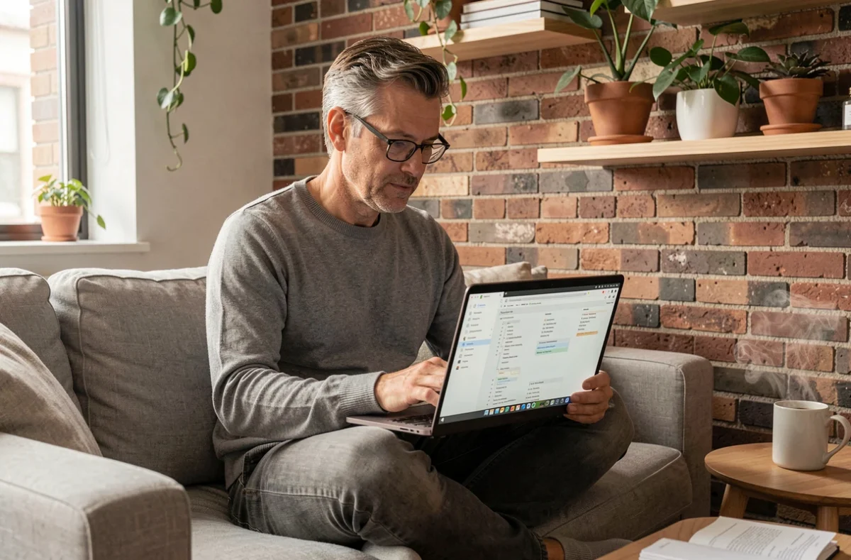 Homme consultant la page sitemap d'un site professionnel sur son ordinateur portable depuis son bureau à domicile