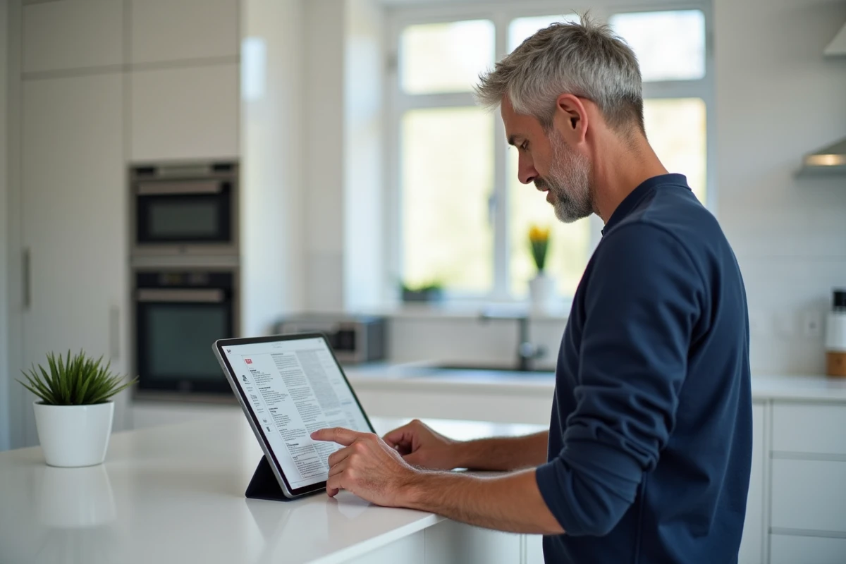Homme lisant un magazine PDF gratuit sur une tablette numérique dans une cuisine moderne