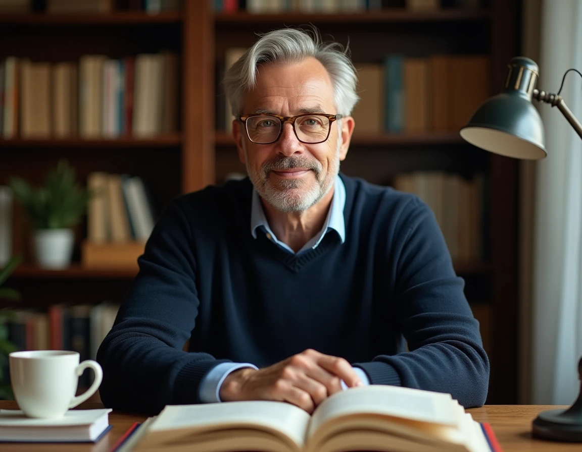 Homme portant des lunettes de vue monture metallique doree 2024 dans un bureau a domicile elegant et bibliothèque en arrière-plan