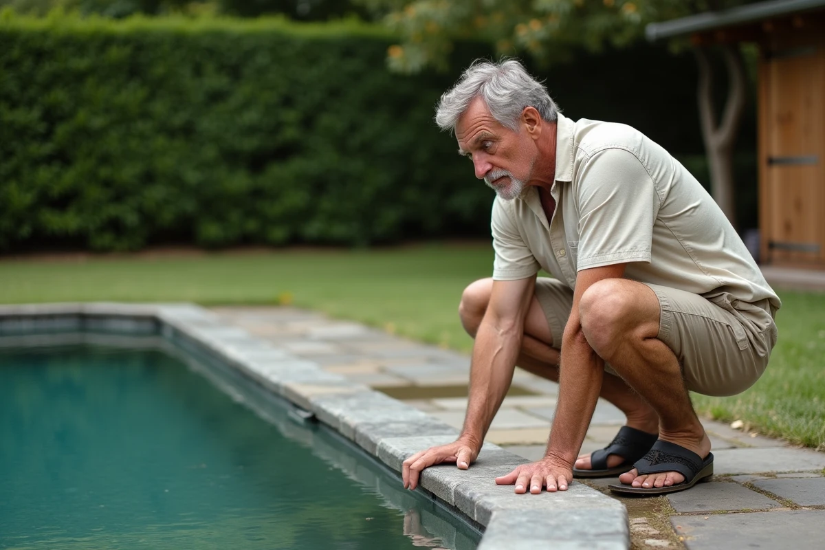 Homme observant une piscine sans skimmer avec des débris naturels à la surface dans un jardin résidentiel