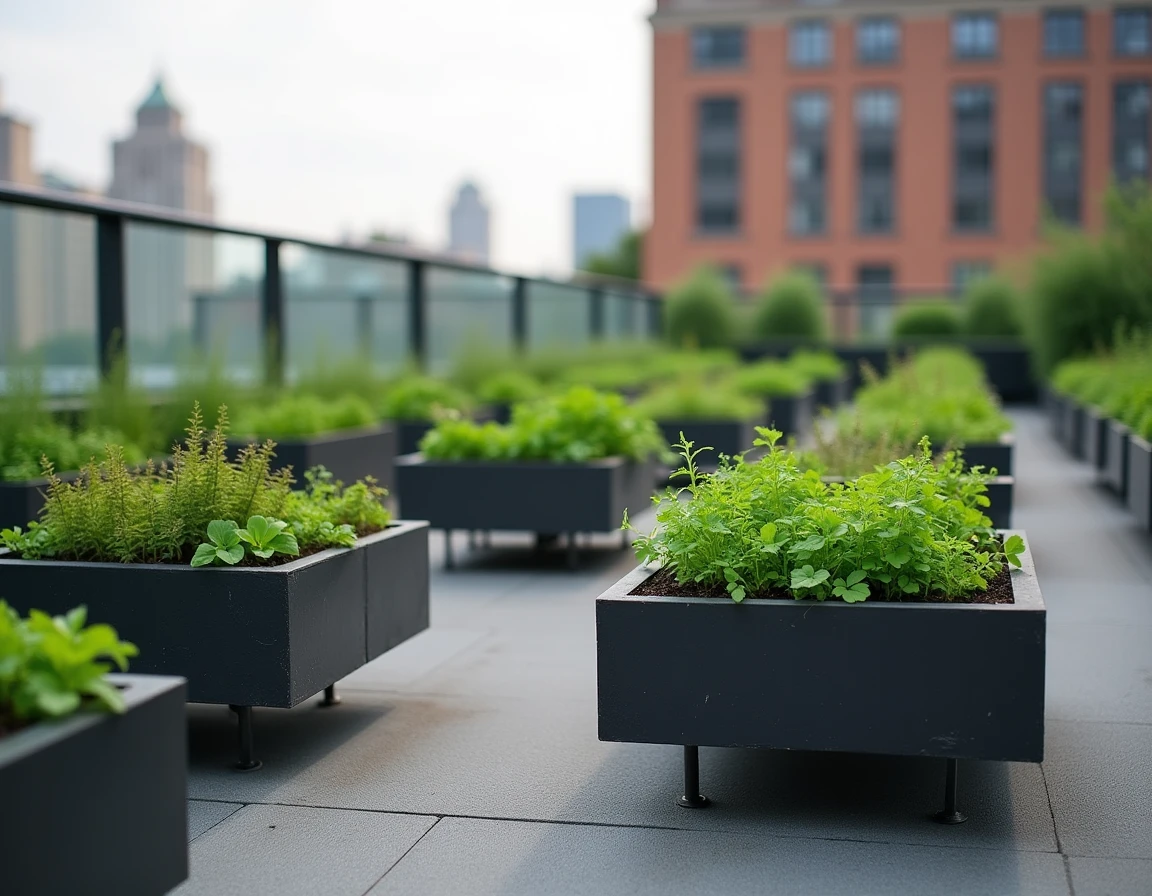 Jardin suspendu en bacs techniques sur pieds réglables sur un rooftop urbain avec végétation variée et membrane d'étanchéité visible sous les supports