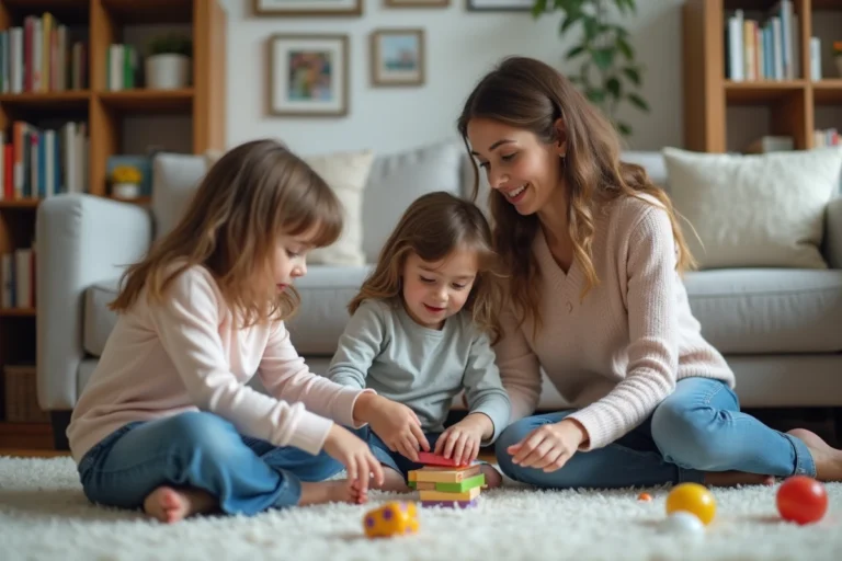 Jeune femme responsable jouant avec deux enfants dans un salon cosy