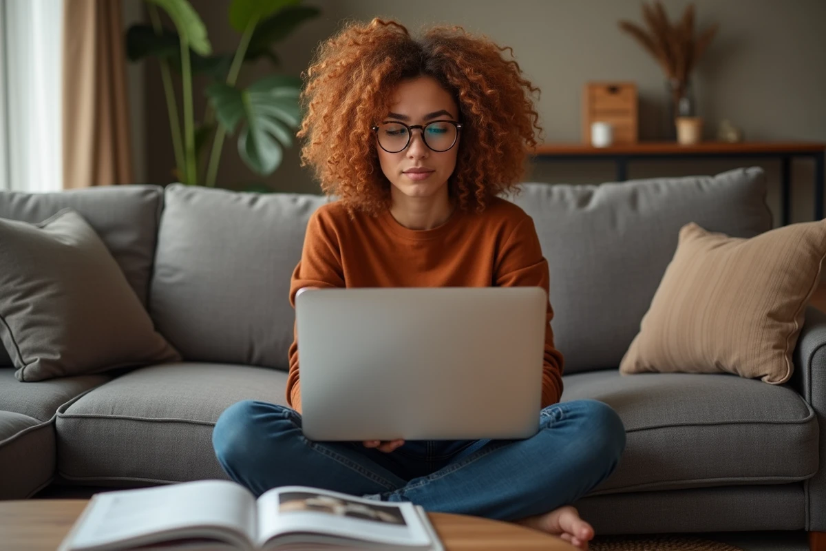 Jeune femme téléchargeant des magazines en PDF gratuitement depuis son canapé avec un ordinateur portable