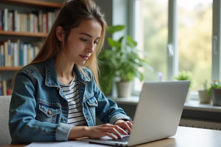 Jeune femme concentrée utilisant un ordinateur portable à la maison