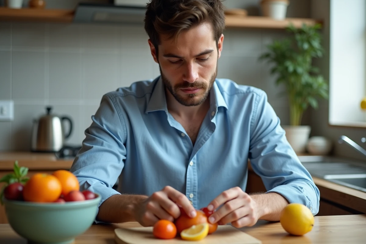 Jeune homme préparant un bol de fruits dans la cuisine