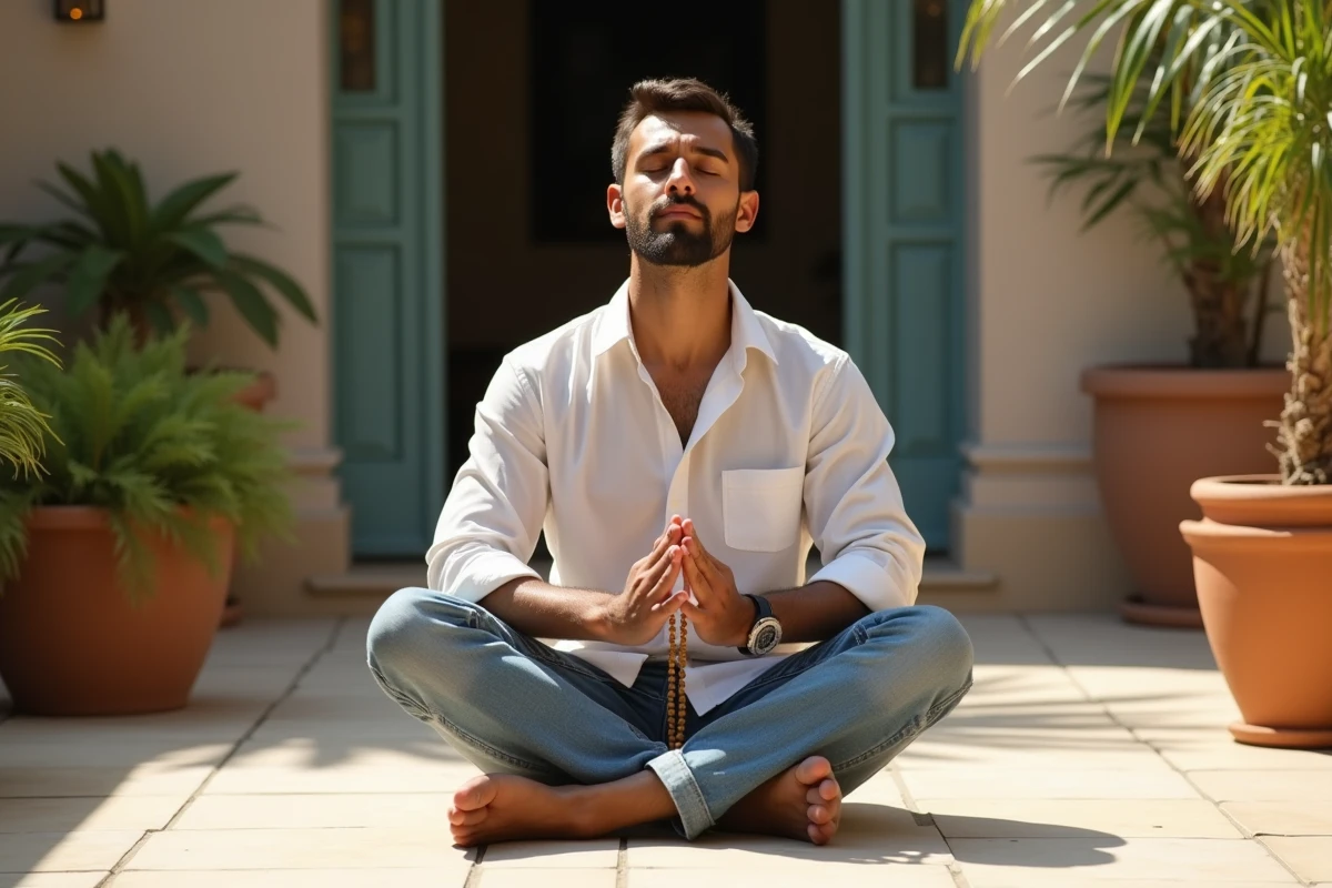Jeune homme priant sur une terrasse ensoleillee