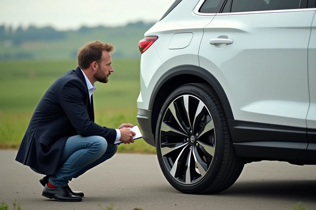 Journaliste automobile masculin évaluant un SUV de performance blanc sur circuit d'essai en extérieur en 2024
