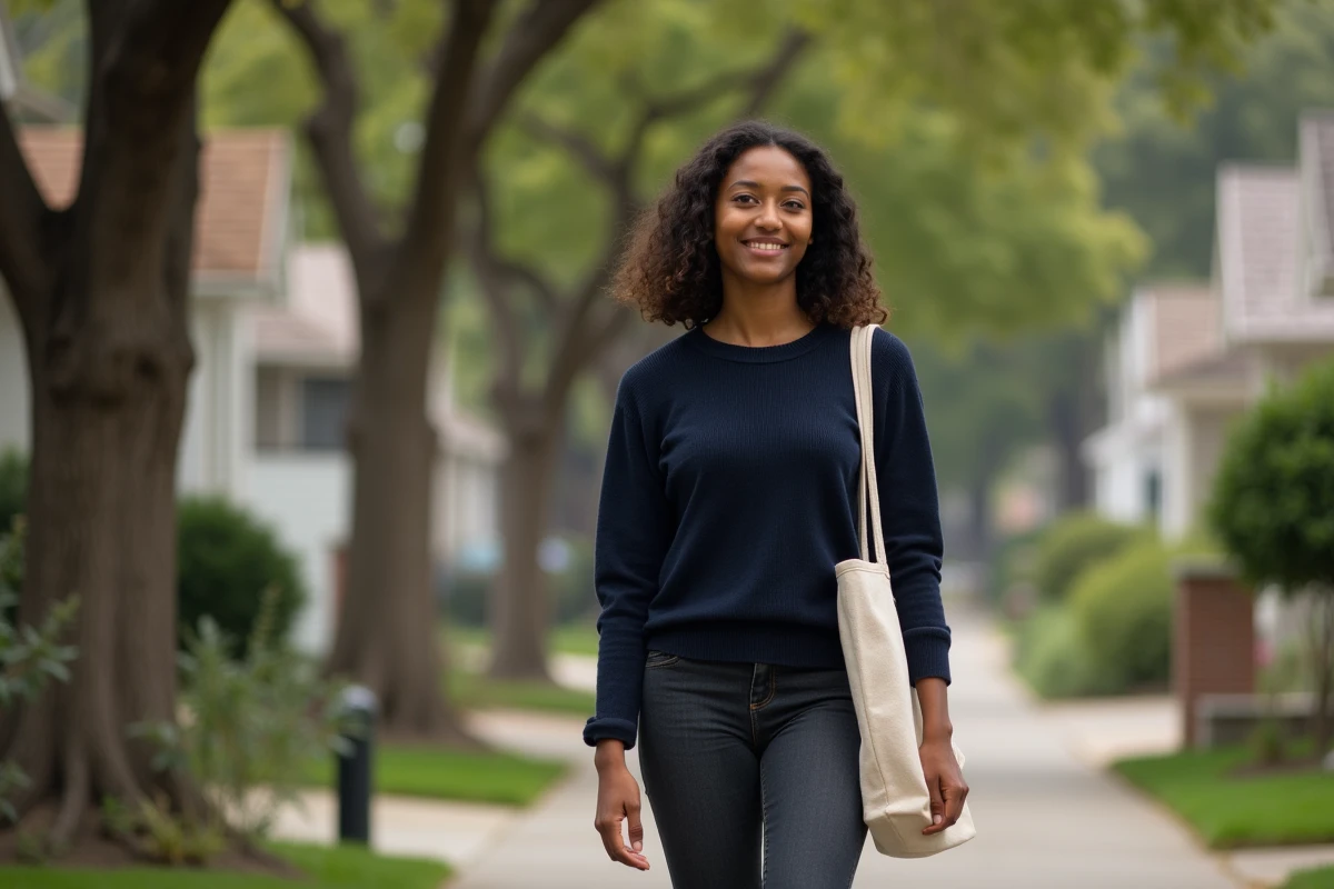 Jeune femme se promenant dans un quartier résidentiel de Los Angeles, évoquant l'identité propre et la vie personnelle de Katianna Stoermer Coleman loin des projecteurs