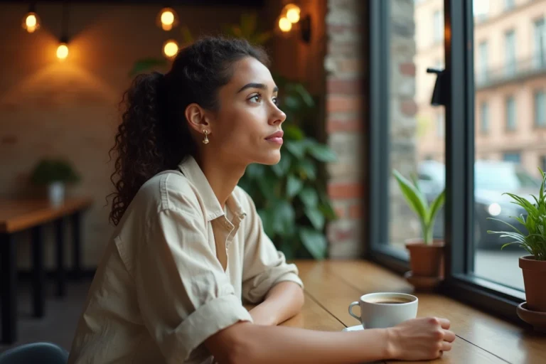 Jeune femme métisse aux cheveux bouclés naturels attablée dans un café moderne, illustrant la vie discrète de Katianna Stoermer Coleman, sœur de Zendaya