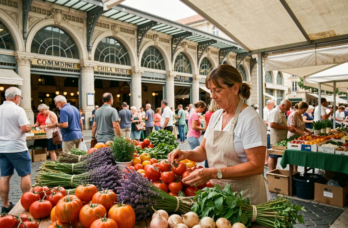Marchande de légumes et produits frais au marché de la Condamine à Monaco, ambiance méditerranéenne authentique