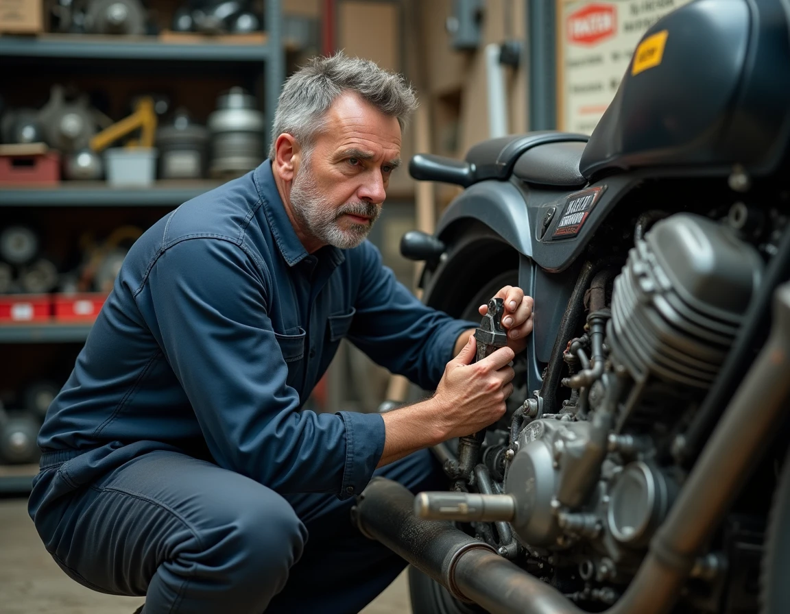 Mécanicien inspectant le moteur démonté d'un scooter 125cc dans un atelier de réparation indépendant