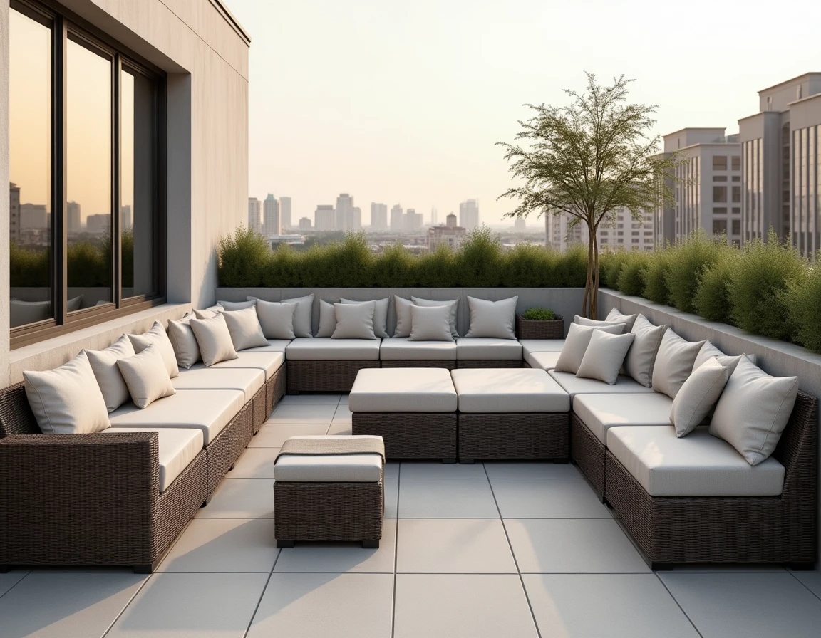 Mobilier modulable avec banquette à rangement intégré et ottomans de rangement sur terrasse rooftop aménagée avec vue urbaine