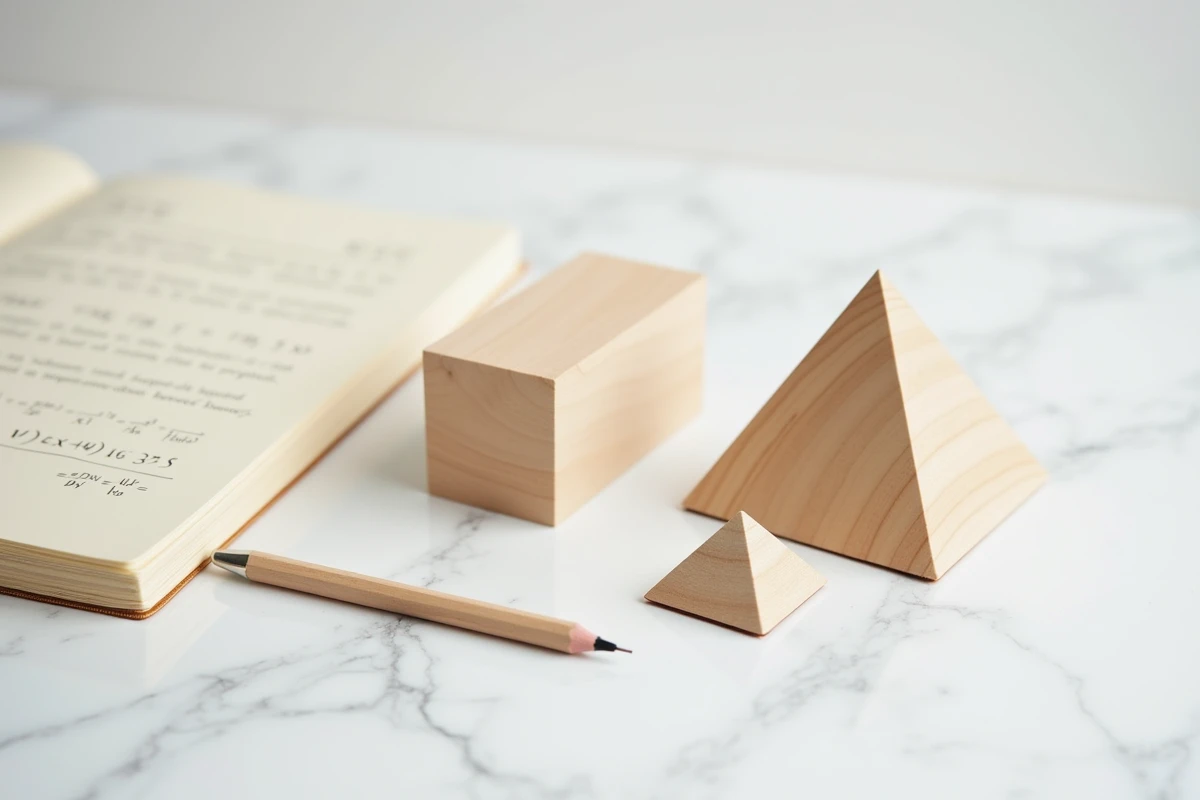 Vue de dessus de modèles géométriques en bois représentant une pyramide et un prisme triangulaires avec des notes manuscrites sur la formule du volume