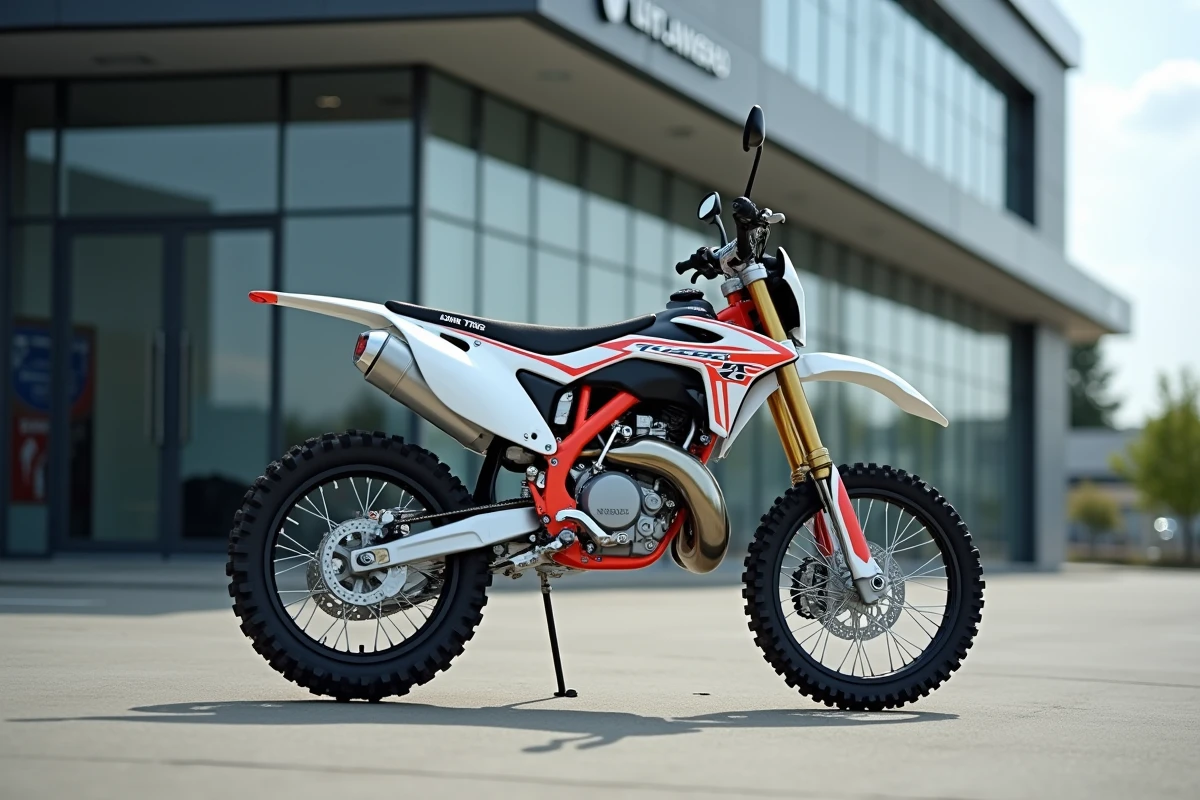 Moto 125 cross homologuée présentée en concession sur béton avec vue de profil