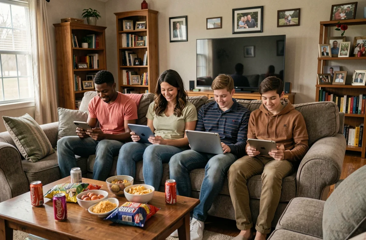 Famille assise sur un canapé avec des écrans et des snacks, illustrant la sédentarité et les mauvaises habitudes alimentaires familiales liées à l'obésité