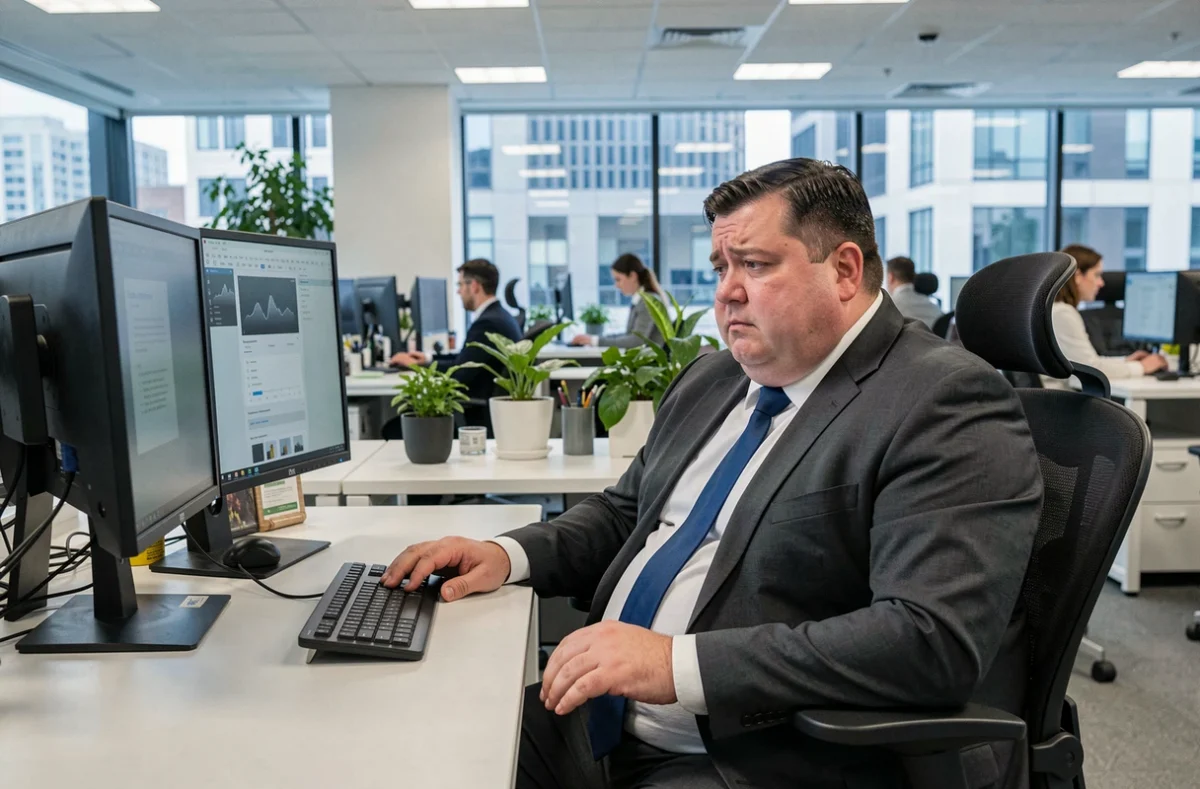 Homme en surpoids assis à son bureau en open space, illustrant la sédentarité et le stress au travail comme facteurs d'obésité