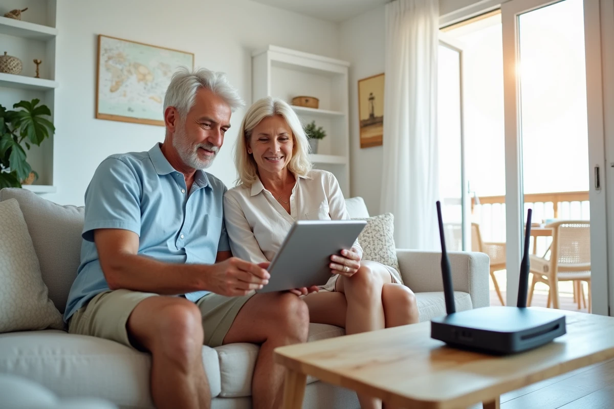 Couple comparant des offres internet pour équiper leur résidence secondaire en bord de mer