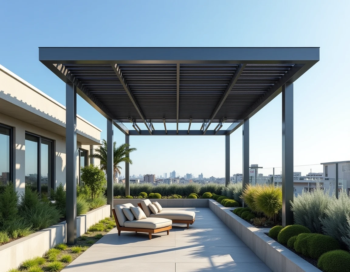 Pergola solaire bioclimatique intégrée sur un toit-terrasse avec panneaux photovoltaïques encastrés et plantations paysagères environnantes