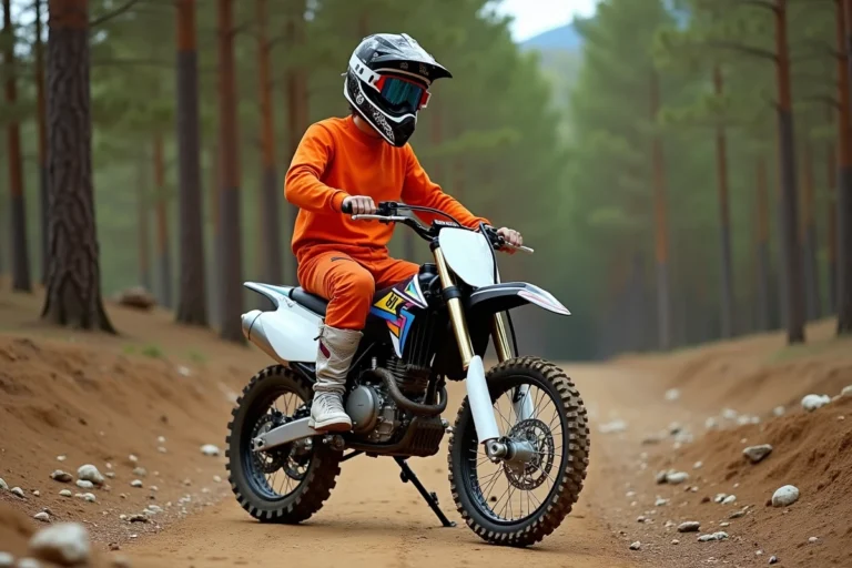 Jeune pilote en tenue de motocross assis sur une moto 125 cross homologuée en forêt