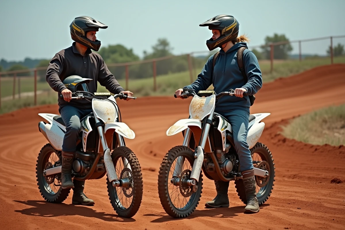 Deux pilotes en tenue discutant à côté de motos 125 cross sur un circuit de motocross