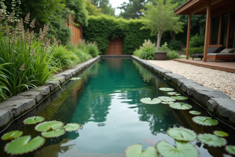 Piscine naturelle sans skimmer entourée de plantes aquatiques et d'un jardin verdoyant avec terrasse en bois
