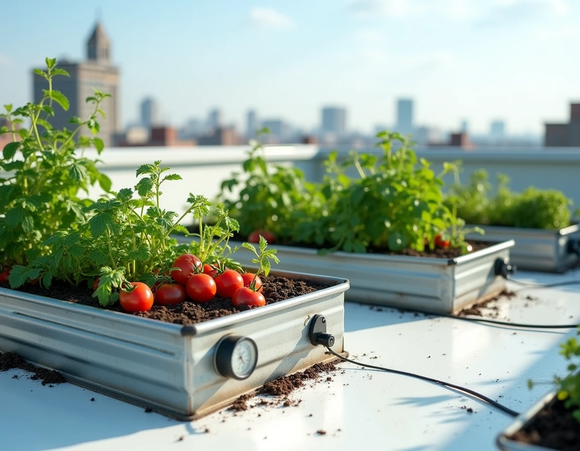 Potager hors-sol en bacs surélevés en acier galvanisé avec irrigation goutte-à-goutte intégrée sur un toit-terrasse ensoleillé