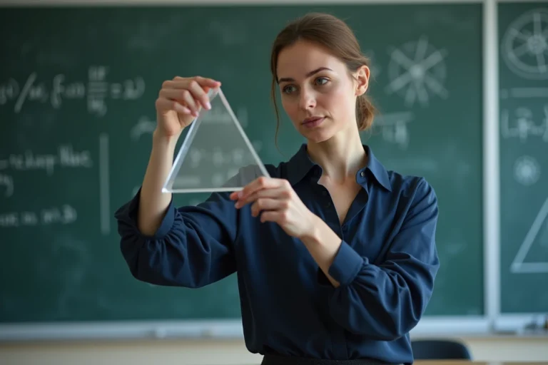 Professeure de mathématiques tenant un modèle de pyramide triangulaire en acrylique transparent pour illustrer la formule du volume