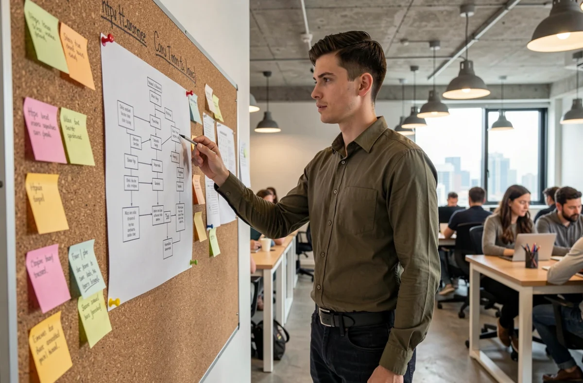 Jeune professionnel étudiant un sitemap imprimé épinglé sur un tableau liège dans un espace de coworking
