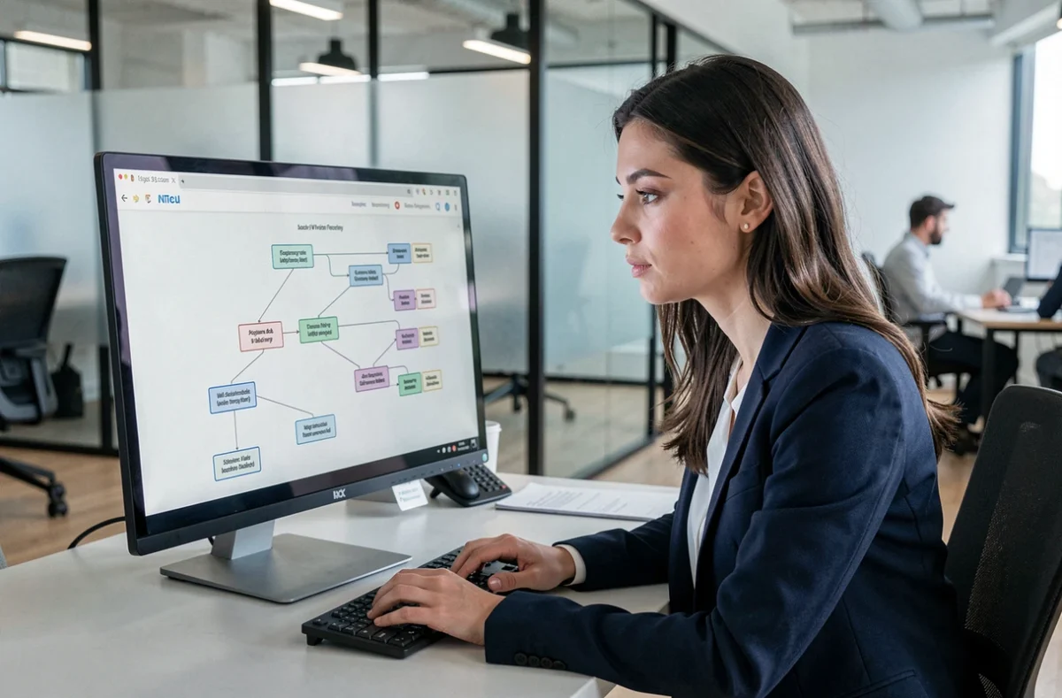 Professionnelle analysant un plan de site web en arborescence sur un écran d'ordinateur dans un bureau moderne