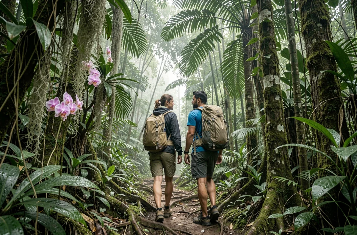 Couple de randonneurs avec sacs à dos marchant sur un sentier de jungle tropicale en Asie du Sud-Est, destination voyage nature 2025