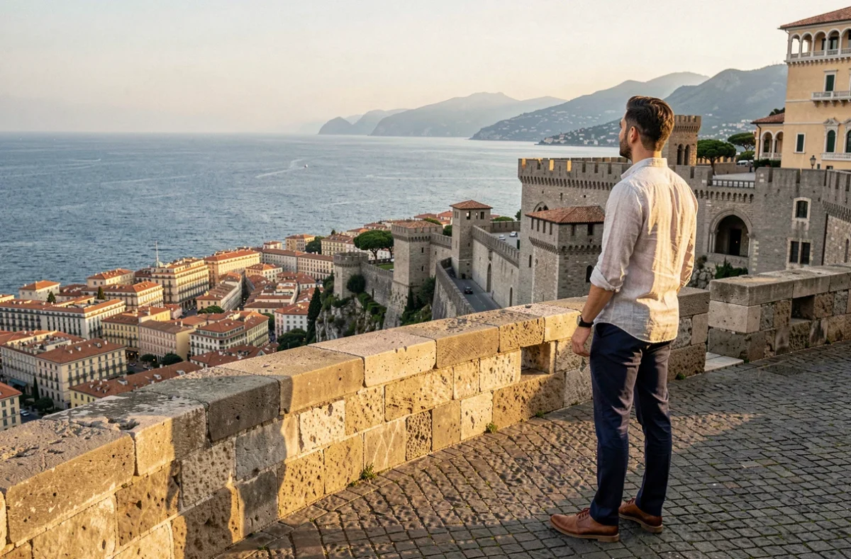 Touriste admirant la vue depuis le Rocher de Monaco avec le Palais du Prince et la mer en arrière-plan