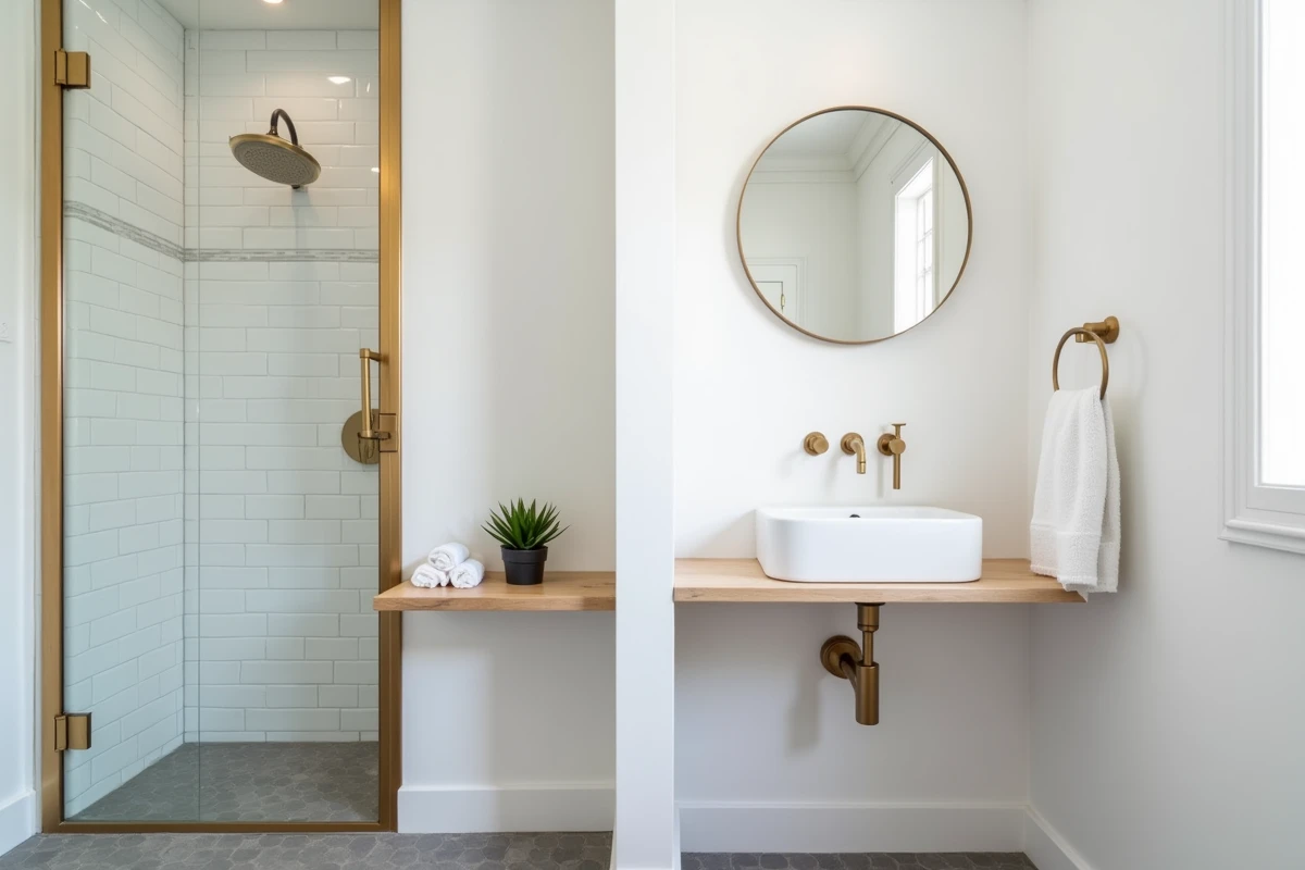 Salle de bain rénovée d'une studette avec douche italienne, carrelage métro et robinetterie laiton brossé
