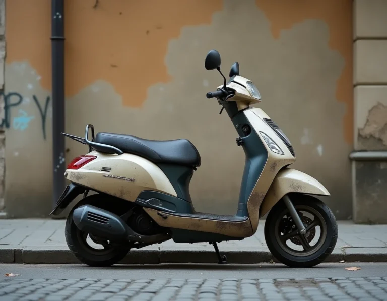 Scooter 125cc usé garé dans une rue pavée urbaine, montrant des signes de kilométrage élevé et d'usure réaliste