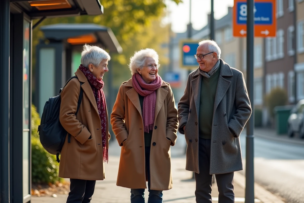 Quatre seniors discutant à un arrêt de bus moderne en extérieur