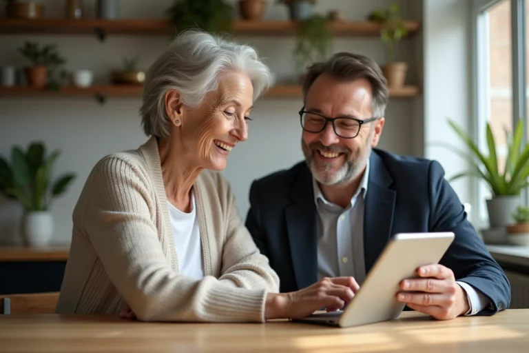 Seniore souriante utilisant une tablette avec un homme dans une cuisine lumineuse