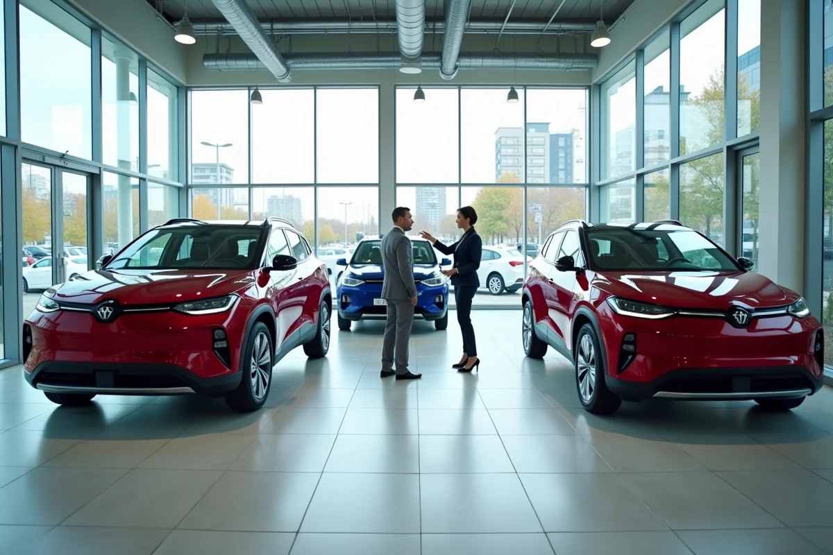 Showroom de concession automobile moderne avec véhicules hybrides et électriques et conseillère commerciale en 2024