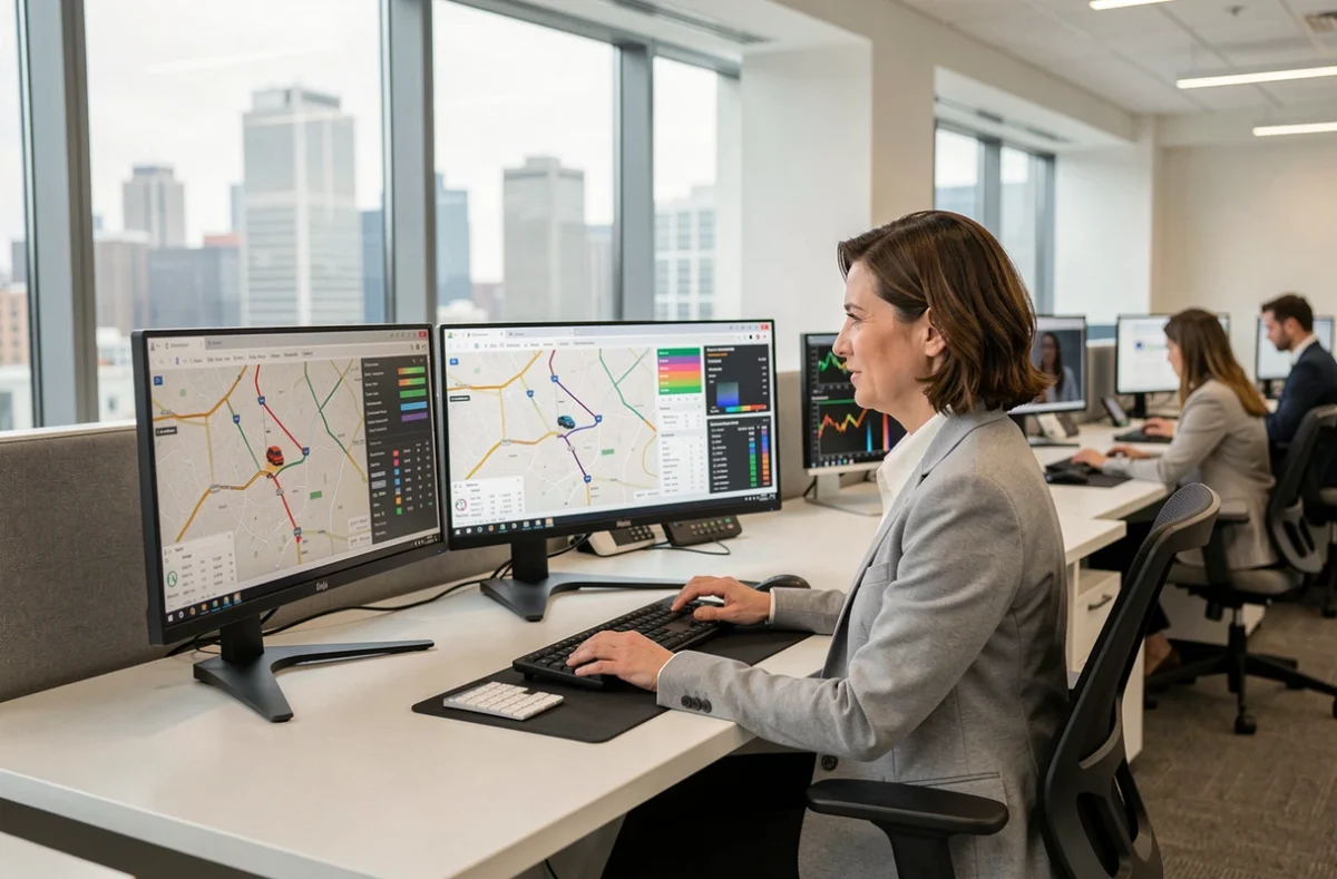 Opératrice de gestion de flotte surveillant des données de suivi GPS en temps réel sur plusieurs écrans dans un bureau moderne