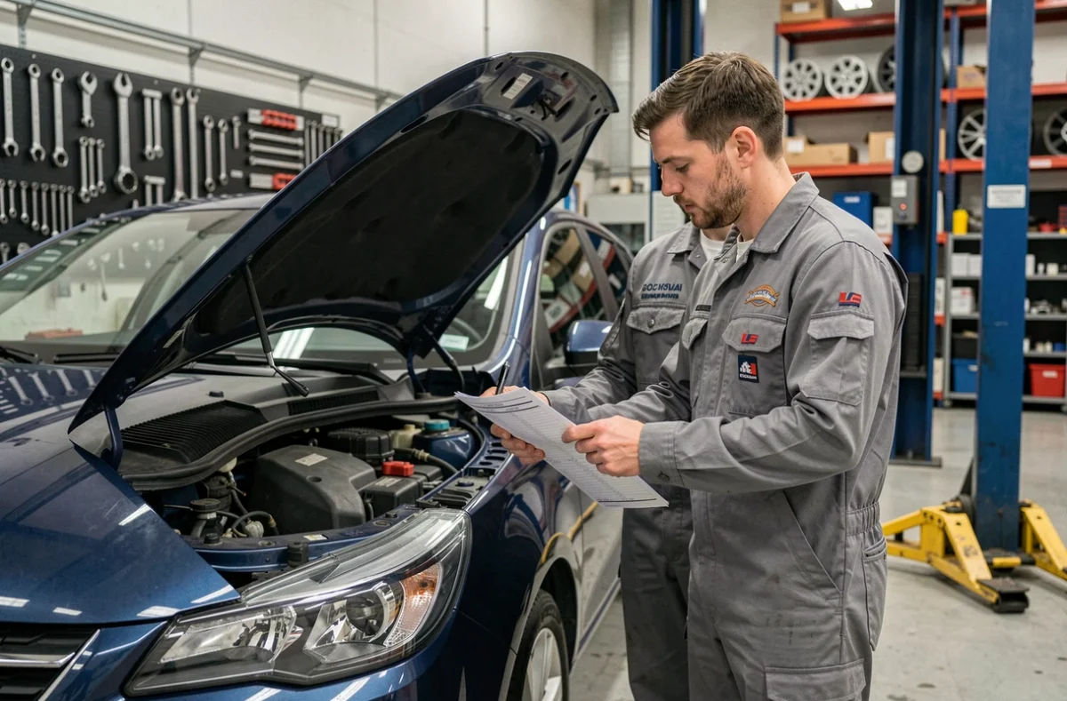 Deux techniciens automobiles en uniforme gris consultant une liste de contrôle devant le capot ouvert d'une voiture dans un atelier professionnel