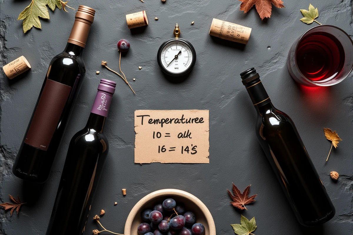 Bouteilles de vin couchées sur ardoise avec thermomètre et annotations de températures de conservation entre 10 et 14 degrés