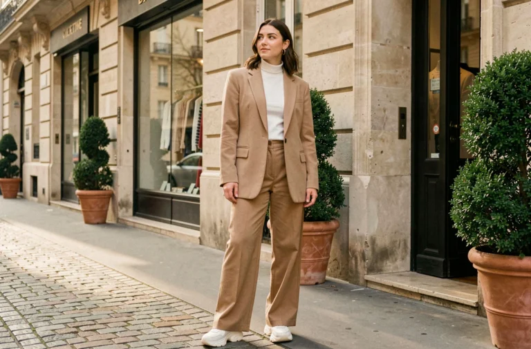 Femme élégante portant un blazer oversize beige et un pantalon large camel dans une rue parisienne pavée, look moderne et tendance