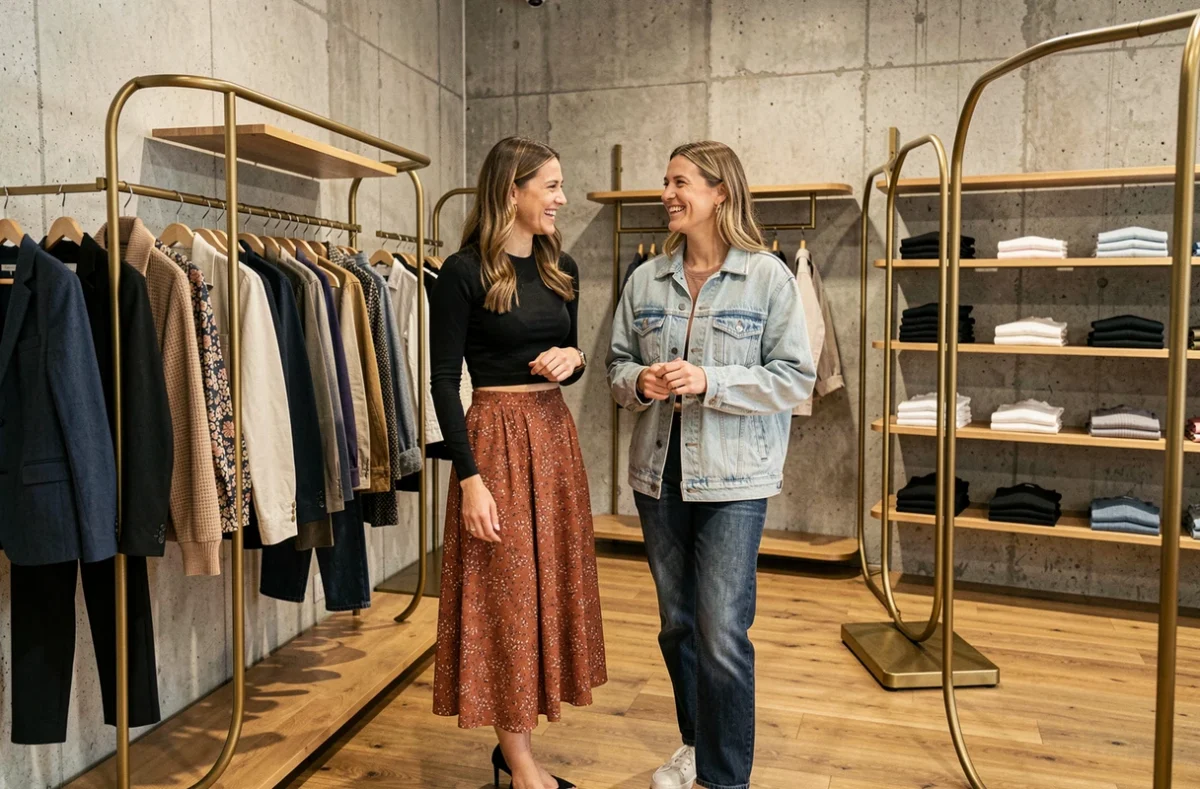 Deux femmes souriantes essayant des vêtements tendance dans un concept store moderne, jupe midi terracotta et look double denim