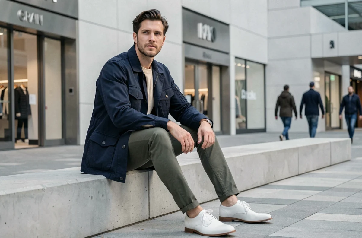 Homme stylé en veste utility marine et pantalon olive assis sur un muret urbain, tendances mode masculine contemporaine