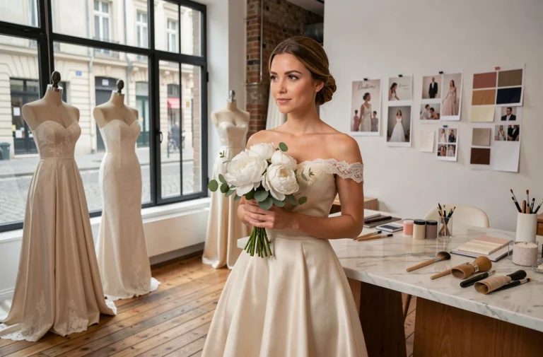 Mariée en robe de mariée ivoire dans un atelier de couture parisien tenant un bouquet de pivoines blanches