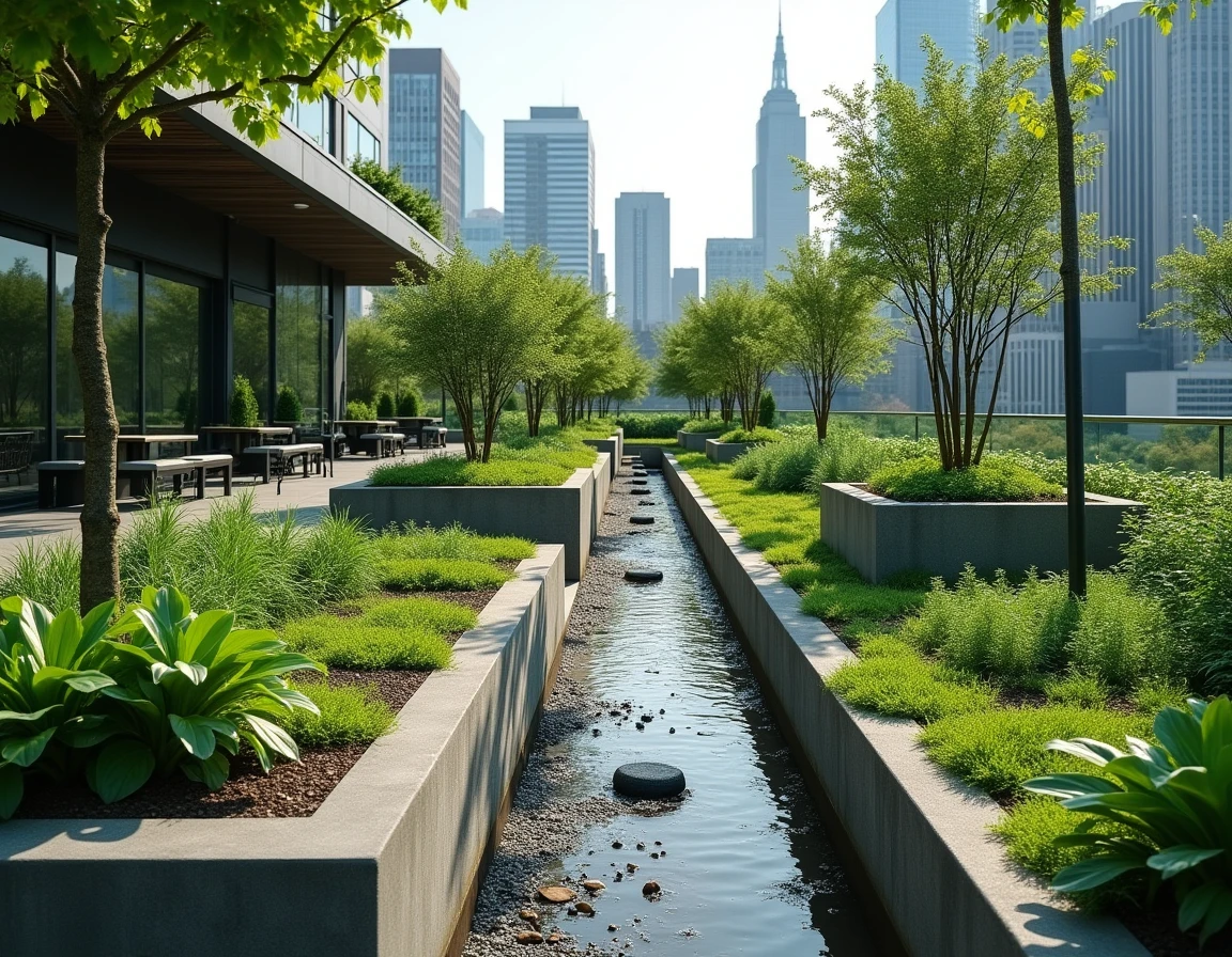 Toiture refuge climatique avec strates végétales étagées et système de gestion des eaux pluviales en caniveau béton sur toit-terrasse urbain