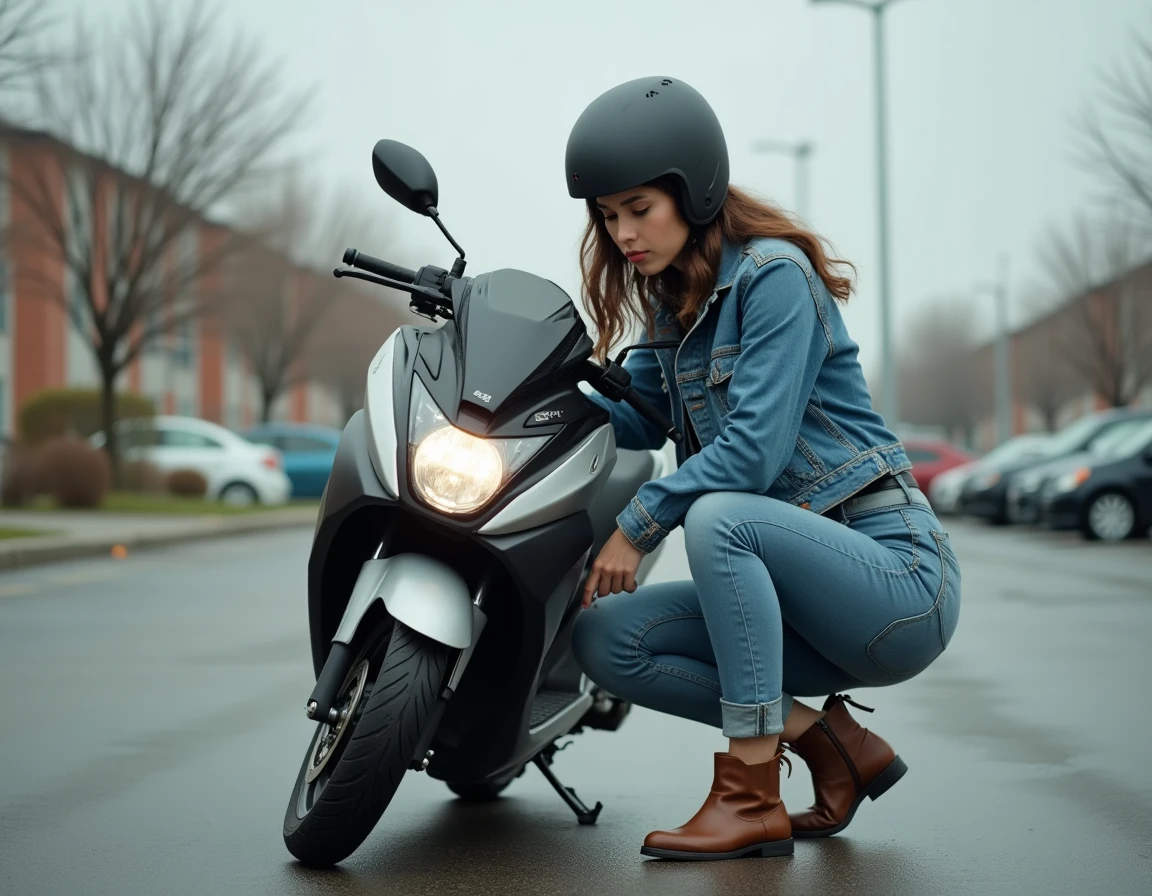 Jeune femme vérifiant l'état des pneus de son scooter 125cc avant un trajet quotidien dans un parking résidentiel