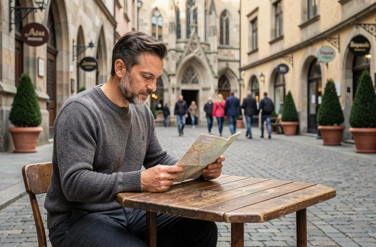 Homme consultant une carte papier à une terrasse de café sur une place pavée d'une ville européenne historique, voyage et exploration 2025